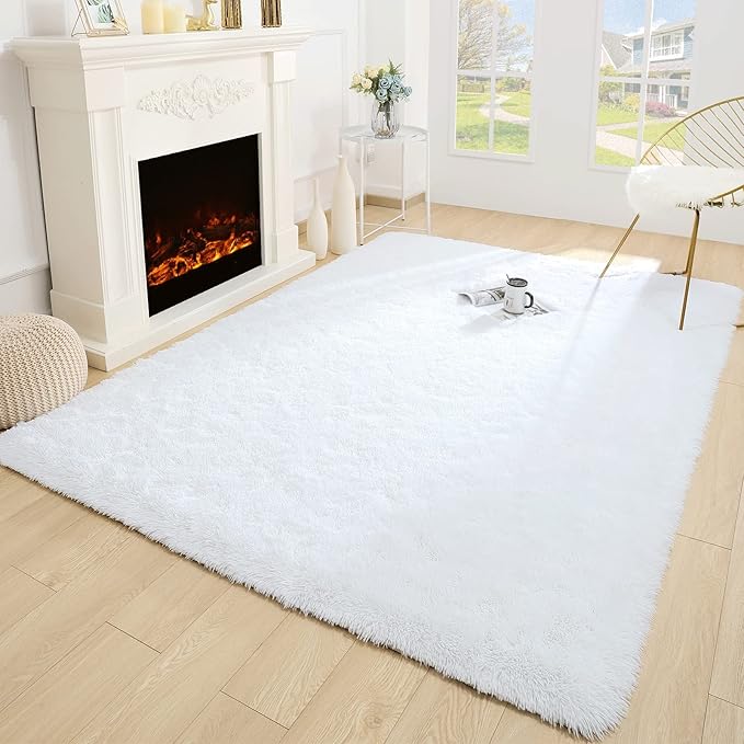 Merelax Soft Modern Indoor Large Shaggy Rug for Bedroom Livingroom Dorm Kids Room Home Decorative, Non-Slip Plush Fluffy Furry Fur Area Rugs Comfy Nursery Accent Floor Carpet 5x8 Feet, White