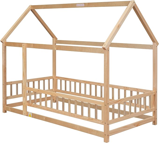 Bellemave Twin Size House Floor Bed Frame,Wooden Montessori Floor Bed with Fence for Kids,Twin Size Kids Bed,Natural