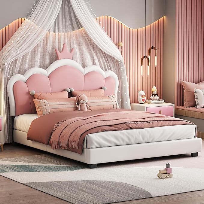 CITYLIGHT Full Size Pink Cute Bed, PU Upholstered Girl's Platform Bed Frame with Crown Headboard, Full Bed Frame for Kids and Teens, White+Pink