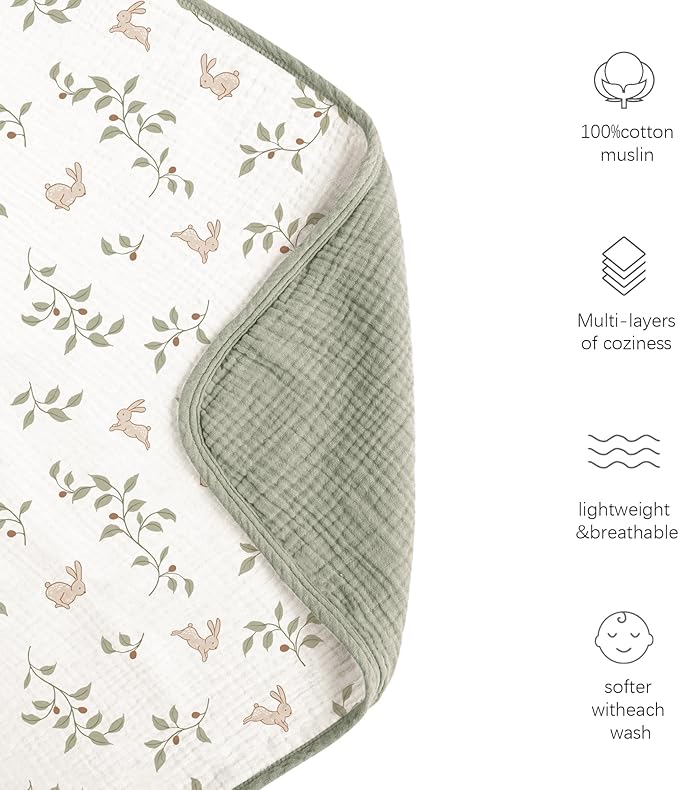 Konssy Muslin Baby Blankets for Girls Boys, 100% Cotton Crib Blanket for Baby Infant Toddler, Super Soft and Lightweight Nursery Blankets 40"x36"（Rabbit