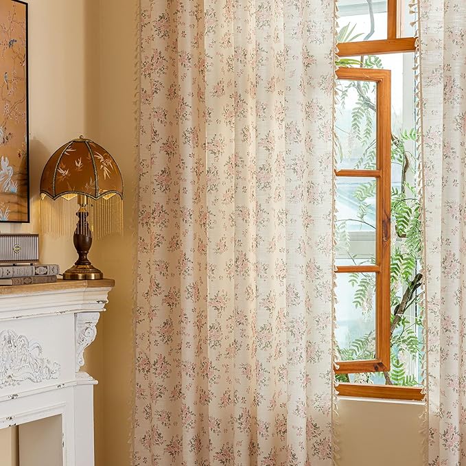 OYX Pink Boho Floral Curtains 84 Inch Long 2panels, French Vintage Farmhouse Patterned Decor Window Drapes with Tassels, Girls Semi-Sheer Light Filtering for Bedroom Living Room (Rod Pocket, 52wx84l)