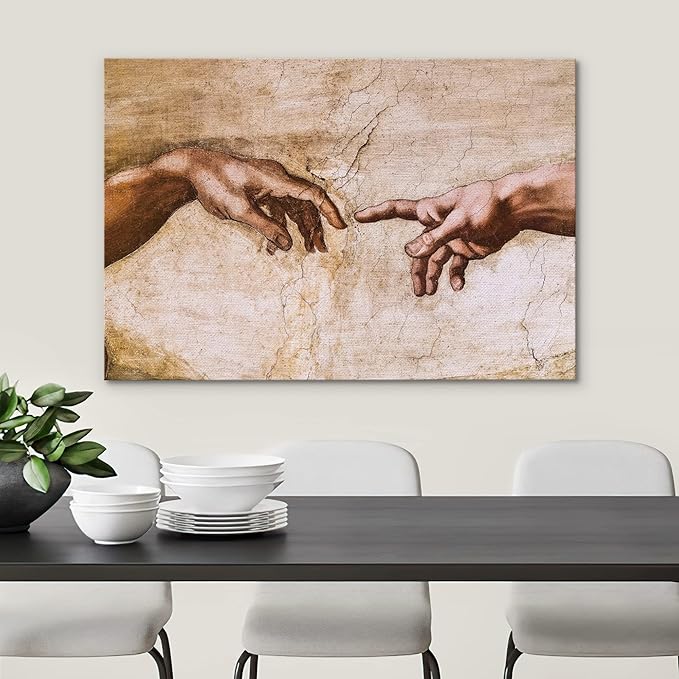 SIGNWIN Framed Canvas Wall Art Hands of God, Creation of Adam by Michelanglo Graffiti & Street Art Famous People Pop Art Modern Urban Multicolor for Living Room, Bedroom, Office - 24x36 inches