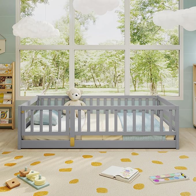 KOMFOTT Twin Size Wood Floor Bed with Door & 21.5” Fence, Montessori Bed Frame with Full Length Safety Guardrails, Door & Latch, Wooden Montessori Floor Bed for Kids, Girls, Boys