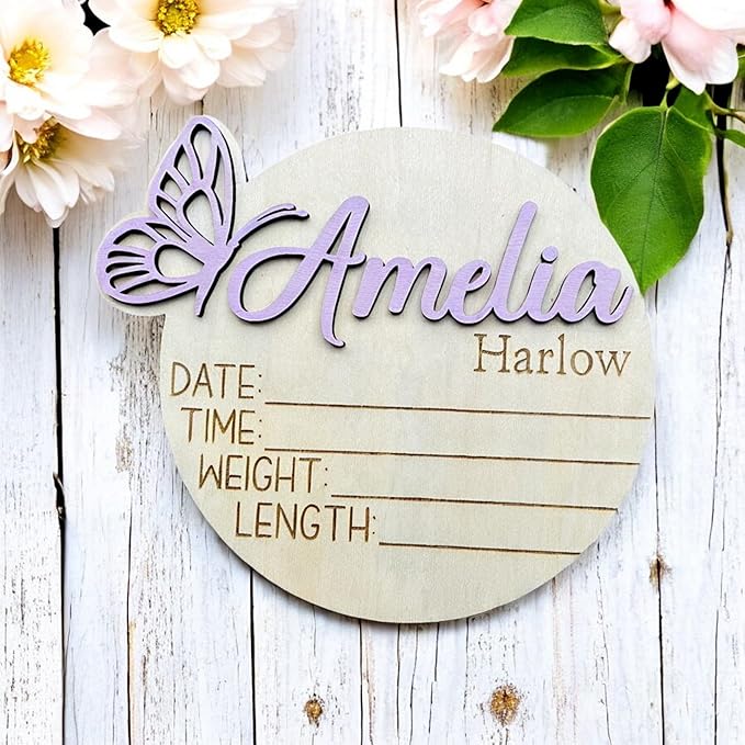 Personalized 3D Butterfly Birth Announcement Sign, Wooden Name sign, Hospital Photo prop Baby Name Reveal (Stained Glass Butterfly)