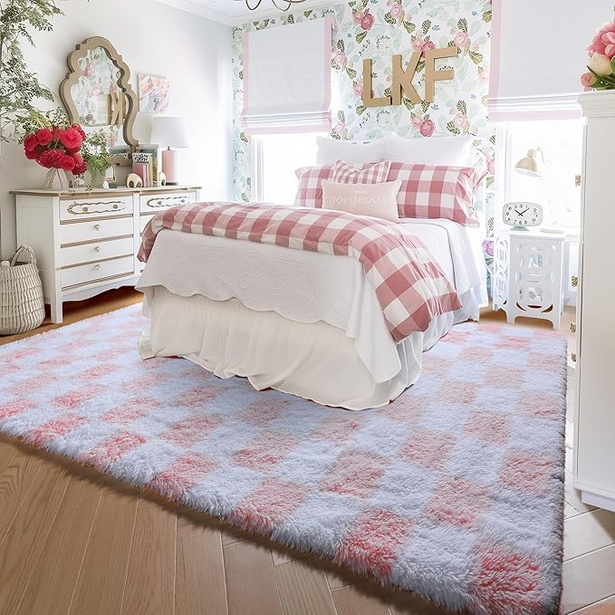 KICMOR Large 6x9 Rugs for Living Room, Soft Fluffy Light Pink and White Checkered Shag Area Rugs Big Fuzzy Shaggy Bedroom Carpet, Cute Plush Rug for Teen Toddler Kids Girls Room Nursery Home Decor