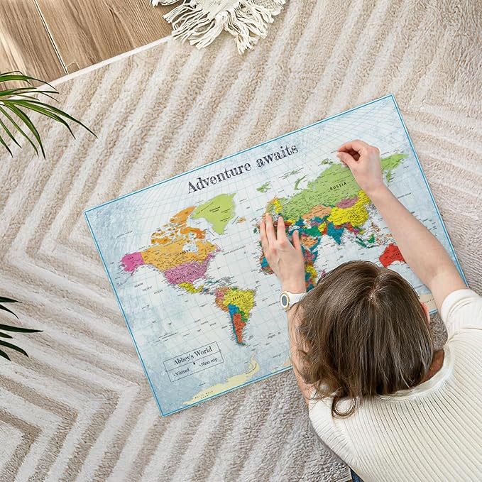 ElephantStock - Personalized Adventure Awaits IV Push Pin World Map Wall Art - Horizontal Canvas Wall Art - Living Room Wall Decor - Digital Art Map Canvas Art - Blue And Green Decor - 30" x 20"