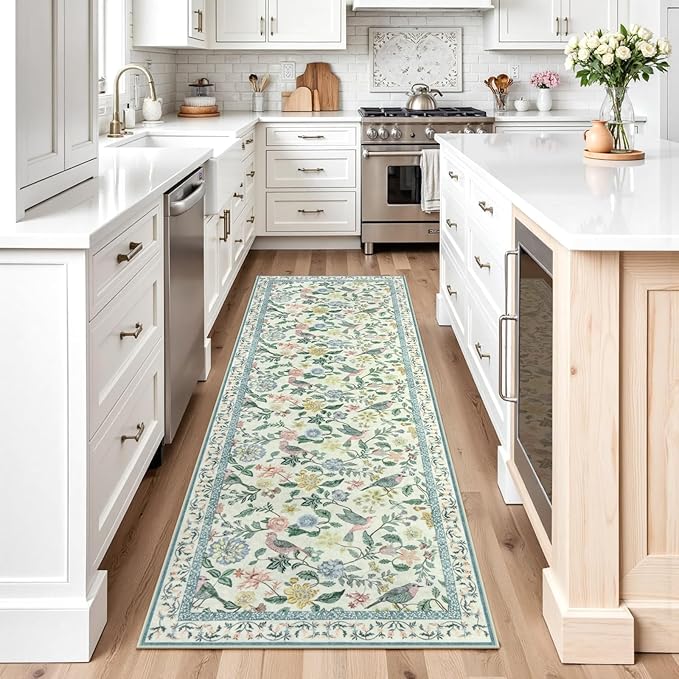 Green Floral Runner Rug, 2x6 Washable Rug Runners for Hallways Non-Slip, Soft Low Pile Flower Birds Long Bathroom Mat Botanical Throw Carpet for Kitchen Laundry Entryway Porch