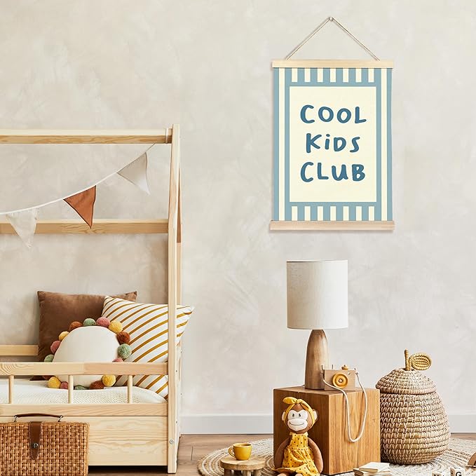 Hiuwevt Kids Room Wall Art, Cool Kids Club Poster Hanger Frame, Preppy Blue Striped Wall Art Home Decor for Boys Toddler Nursery Room Bedroom Playroom, 12x16 Inch
