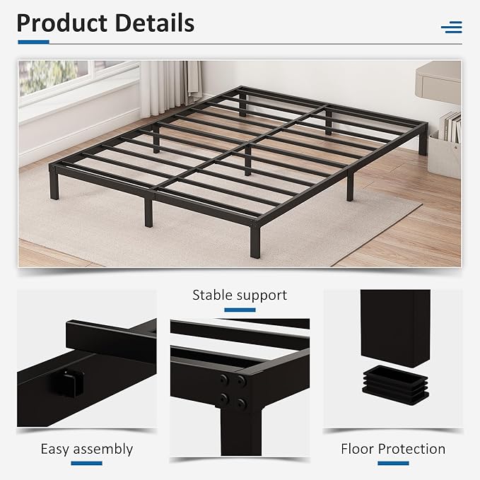 9 Inch Low Queen Bed Frame Heavy Duty Metal Platform, No Box Spring Needed, Easy Assembly Mattress Foundation, No Noise, Black