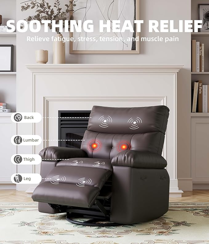 GarveeHome Power Rocker Swivel Recliner Chair - Heat and Massage, PU Leather Electric Glider Rocking Chair with USB Port, Glider Recliner Nursery Chair for Living Room, Bedroom, Nursery