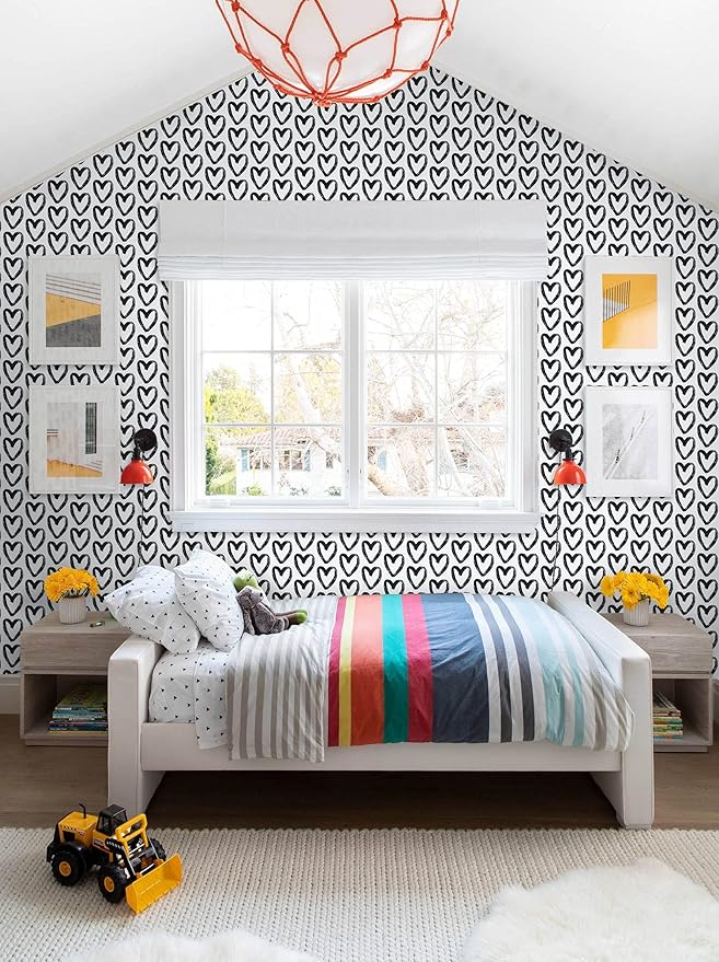 Timeet Modern Heart Peel and Stick Wallpaper - Self Adhesive, 17.7"x78.7", Black and White, Removable, Decorative for Bedroom, Living Room, Bathroom