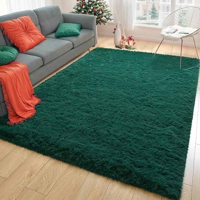 Merelax Soft Modern Indoor Shaggy Area Rug for Bedroom Livingroom Dorm Kids Room Home Decorative, Non-Slip Plush Fluffy Furry Fur Rugs Comfy Nursery Accent Floor Carpet 3x5 Feet, Deep Green