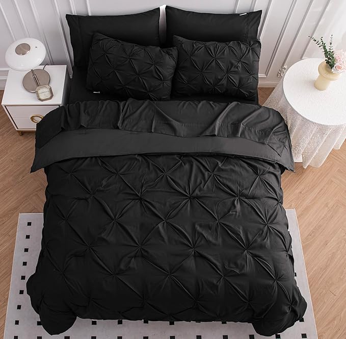 LANE LINEN Queen Comforter Set, 7 Piece Queen Size Bedding Set, Black Comforter with Sheets, Pillowcases & Shams - Pintuck Style
