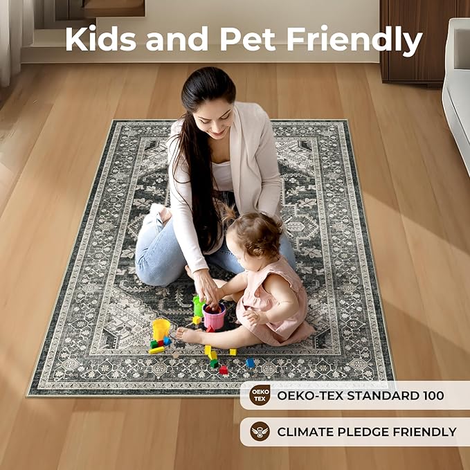 WITSHOCK Living Room Area Rugs 3x5: Washable Rug Boho Soft Non-Slip Low Pile Stain Resistant Foldable Carpet for Bedroom Playroom Dining Room Office Kitchen Farmhouse Home Decor Rug-Bitter Black