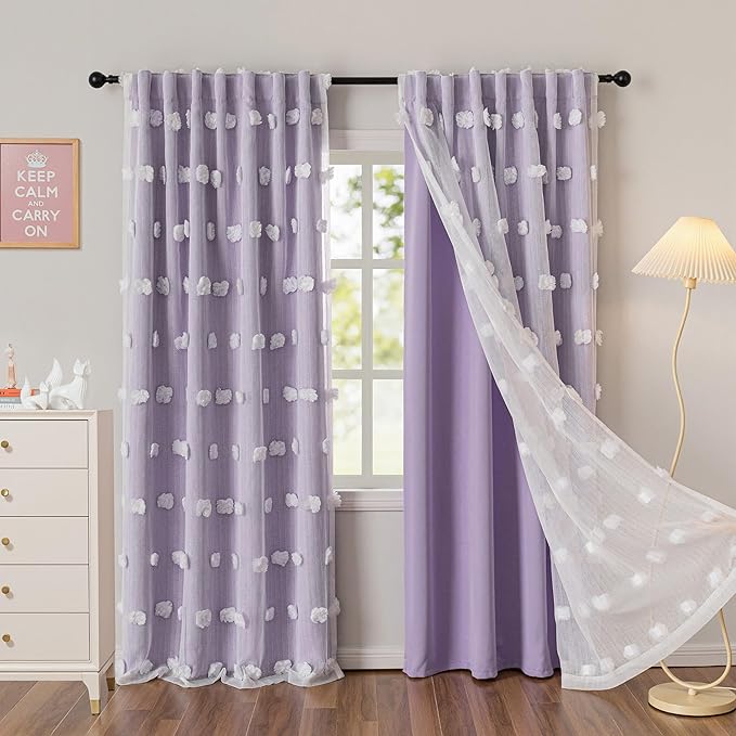 MYSKY HOME Lilac Curtains for Girls Bedroom Nursery Curtain with White Pom Pom Sheer Living Room Window Drapes Back Tab Room Darkening Double Layer 84 Inches Length 2 Panels, Light Purple, W52 X L84