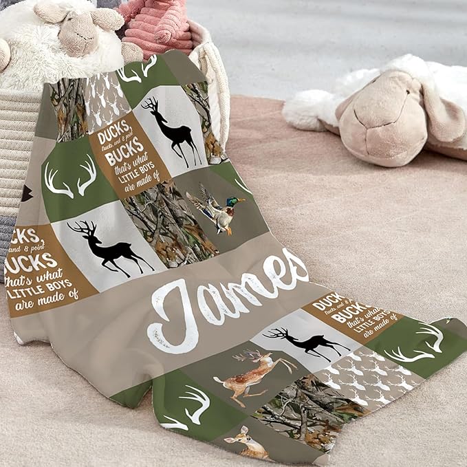 Custom Baby Crib Bedding Set - Green Deer Design Personalized Name Baby Nursery Bedding 3 Pcs Set - Chic Soft Blanket, Fitted Sheet, Room Rug for Newborns Boys Girls Gifts
