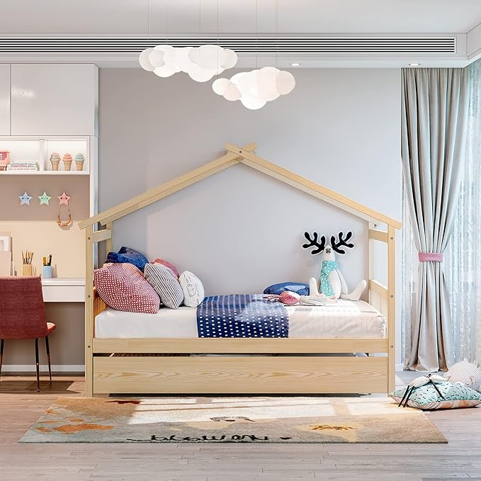 Merax Full Size Wooden House Bed with Trundle, Wood Bed Frame with Roof for Kids, Teens, Boys or Girls, Natural