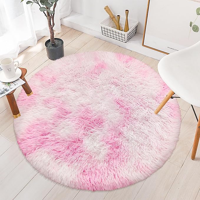 Pink Round Rugs for Bedroom, 3' Circle Area Rugs for Living Room, Tie Dye Colorful Soft and Fluffy Shaggy Carpet for Girls Boys Room Nursery Baby Playroom Unicorn Home Decor Aesthetic, Washable