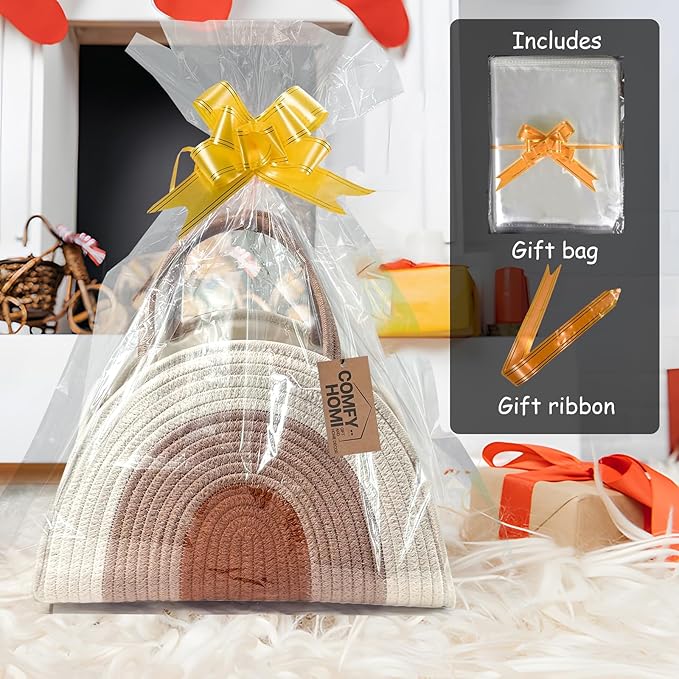 COMFY-HOMI Diaper Caddy Organizer with Gift Bags and Ribbons - Sturdy Cotton Rope Basket for Baby Girl & Boy Newborn Essentials, Large Baby Gift Bag, Nursery Storage Caddy with Handles (white Brown)