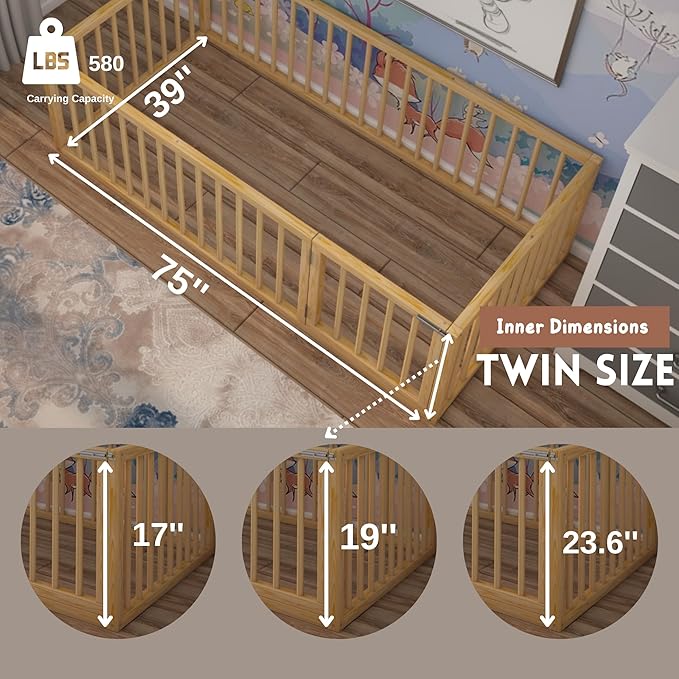 Montessori Floor Bed with Door On The Right Side for Toddler | Pine Wood Natural Solid Frame Beds | Sturdy Modern Design Floor Bed Frame for Boy and Girls (Twin, Height : 17 Inches)