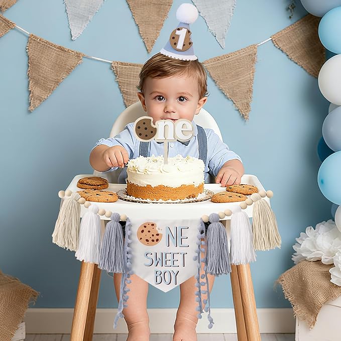 Cookies One Sweet Boy High Chair Banner For Cookies Theme 1st Birthday Party Decorations With Birthday Hat