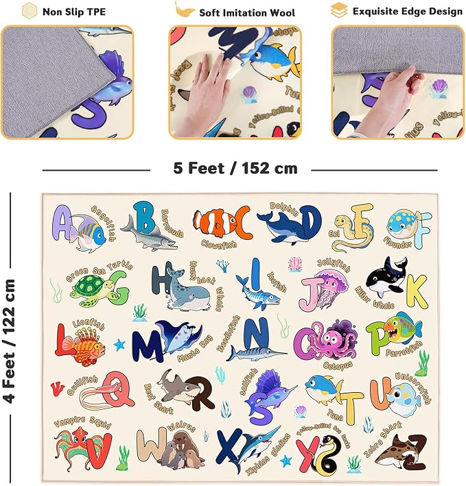 Kids Rugs for Playroom, 4x5 Feet Educational Rug for Learn The ABC Alphabet, Soft Machine Washable Non-Slip Cute Marine Organisms Carpet for Classroom Toddler Nursery Kids Room Decor, Beige
