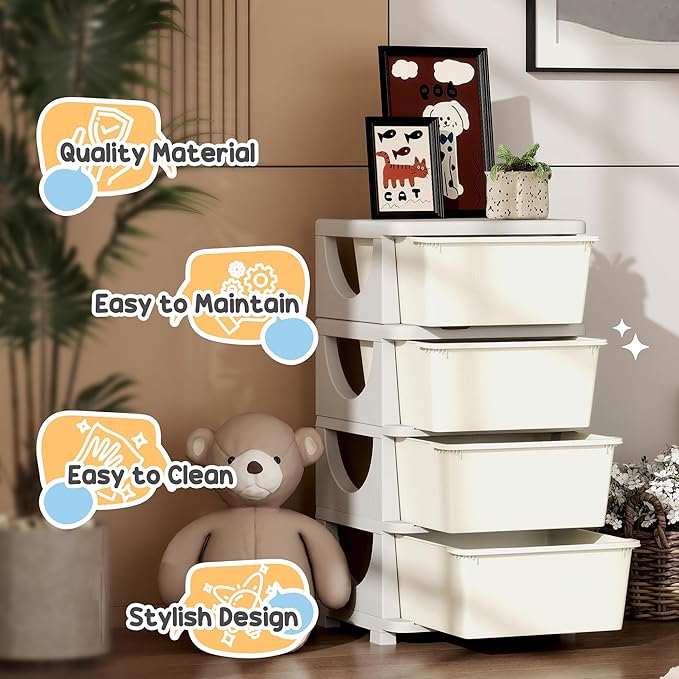 Qaba 4 Tier Kids Storage Unit, 4 Drawer Chest Toy Organizer Plastic Bins for Kids Bedroom Nursery Kindergarten Living Room for Boys Girls Toddlers, Cream White