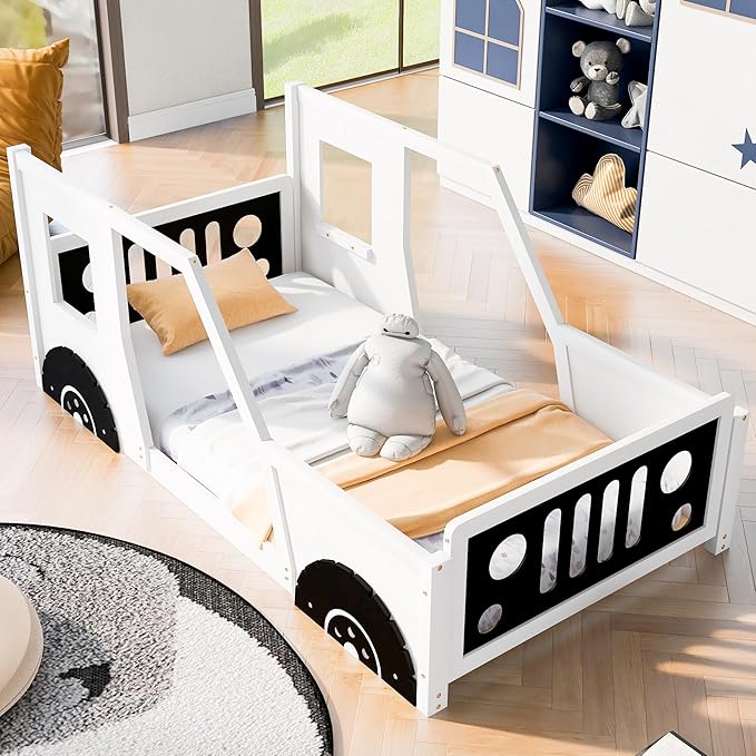 Twin Size Classic Car-Shaped Platform Bed Frame for Boys Girls Kids Toddler with Wheels,White