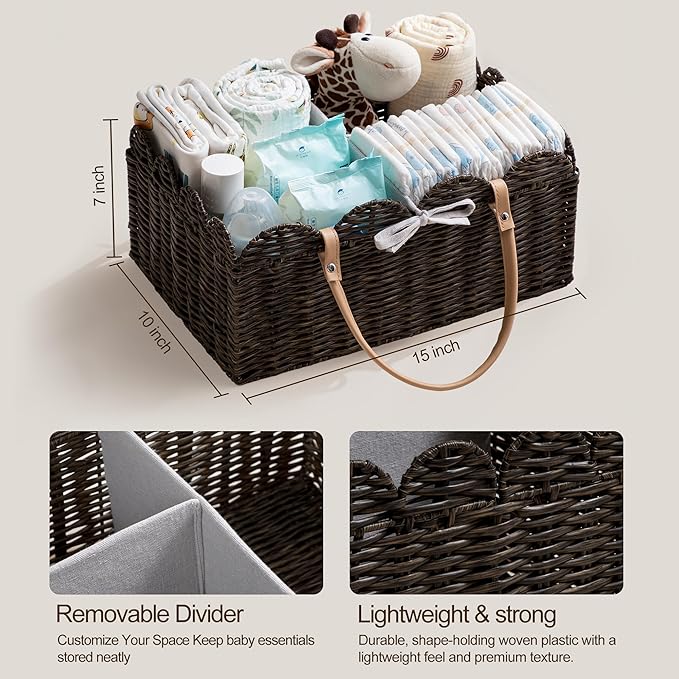HBlife Baby Diaper Caddy Organizer, Washable Waterproof, Large Portable Scalloped Wicker Woven Basket with Divider, Nursery Diaper Station, Baby Shower Gifts Basket - Newborn Essentials, Car Organizer