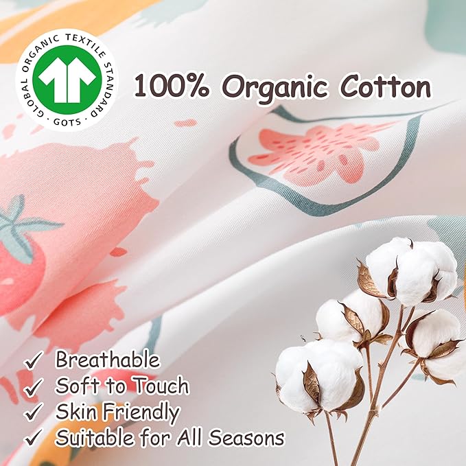 Simple&Opulence 100% Organic Cotton Duvet Cover for Kids Teens, 3 Piece Soft Cartoon Comforter Cover with Zipper Closure, Kawaii Girls Bedding Set with Colorful Fruits Pattern, Twin