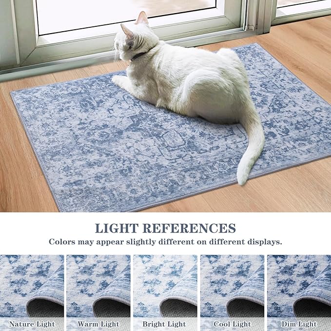 Area Rug 2x3, Washable Rug for Entryway Indoor, Small Area Rug for Living Room Entrance, Vintage Rug for Bedroom Doormat, Non Slip Soft Low Pile Carpet for Kitchen, Hallway, Office, Blue