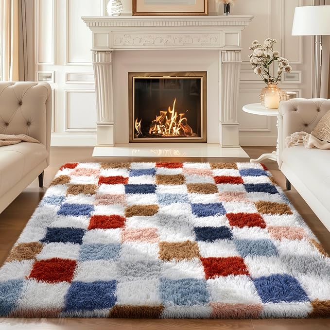 Ophanie Checkered Rainbow Rug for Living Room Bedroom, Colorful Fluffy Soft Cute Fuzzy Area Rugs, Shag Plush Shaggy Bedside Floor 4x6 Furry Carpet for Kids Baby Teen Dorm Nursery Home Decor Aesthetic