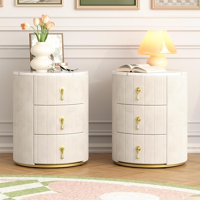 Bellemave Set of 2 Upholstered Nightstand with 3 Drawers, Two Round Bedside Tables with Metal Handles, Velvet End Tables, Marbling Stickers Top Nightstands (Beige)