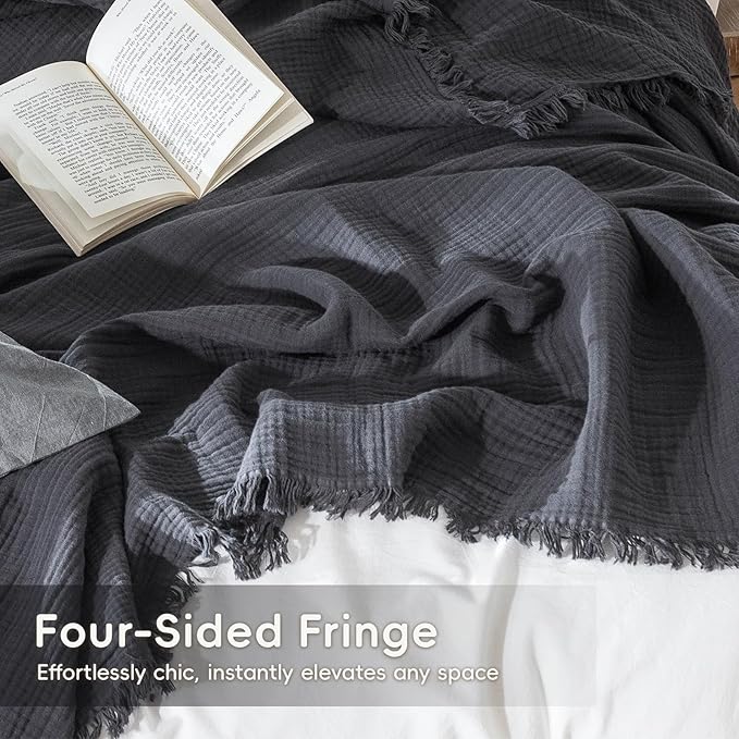 MooMee Muslin Blanket - 100% Cotton 4-Layer Gauze Throw Blanket with All-Around Fringe, Ultra-Soft Breathable Lightweight Cooling Decorative for Bed, Sofa & Couch (Dark Grey, Queen 90" x 90")