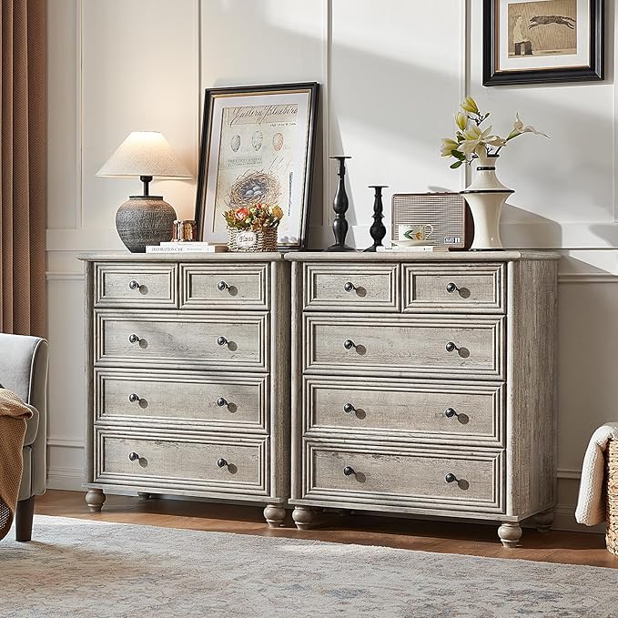 Farmhouse 5 Drawer Dresser for Bedroom, 35.5" Tall Small Dressers & Chest of Drawers, Rustic Wood Dresser with Roman Column, Storage Organizer for Living Room, Hallway, Closet (Grey)