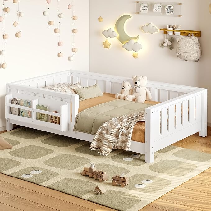 Bellemave Twin Floor Bed with Slats and Safety Guardrail, Twin Size Montessori Floor Bed with Fence and Built-in Bookshelf, Easy Assemble Montessori Beds for Kids, Girls, Boys, White