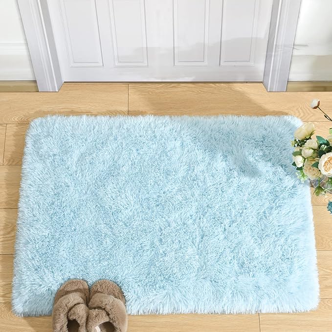 Merelax Fluffy Rug Shaggy Area Rug, Baby Blue 2x3 Small Rugs for Bedroom, Mini Fuzzy Plush Kids Bedside Rug, Soft Non-Slip Entryway Throw Rugs Shag Catpet for Living Room Nursery Room Home Decor