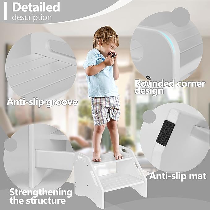 AMBIRD Wooden Two Step Stools Toddler with Safety Non-Slip Pads and Handles, Bamboo Step Stool for Bathroom, Bedroom, Kitchen Dual Height Step Stools for Kids (White)