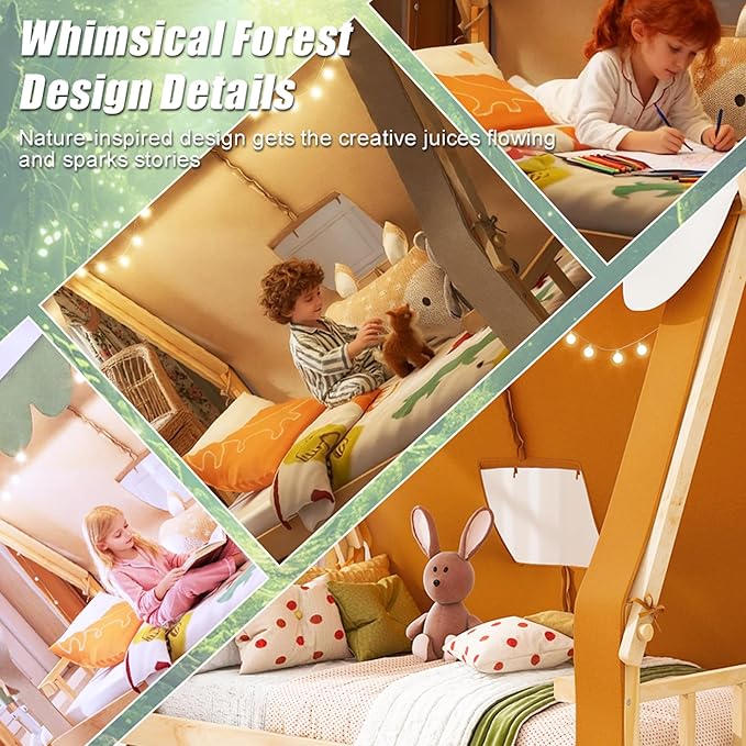 Twin House Bed for Kids with Light and Tent, Montessori Floor Bed Twin for Kids Girls Boys Teens Bedroom, Brown