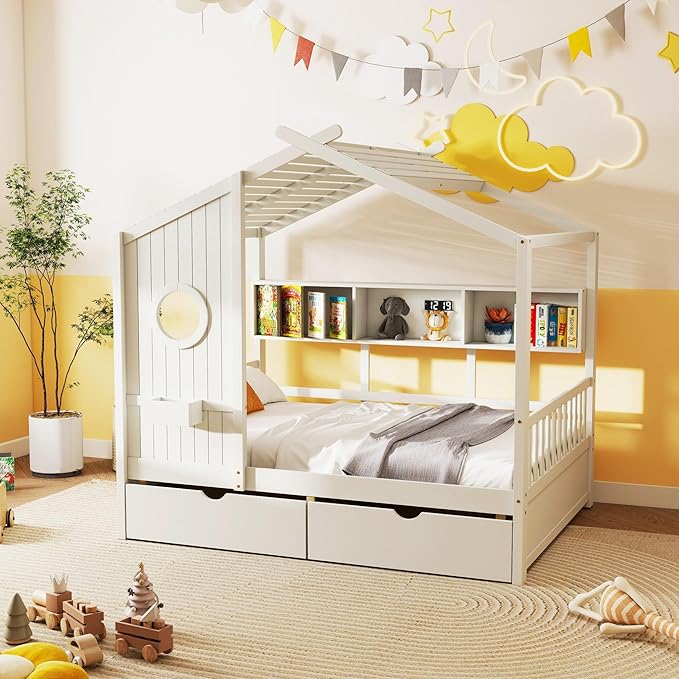 Aoowow Twin Size House Bed with Storage Shelves and Drawers, Wood Platform Kids House Bed with Window and Roof for Bedroom, Twin Playhouse Bed Frames for Boys Girls, Can be Decorated, White