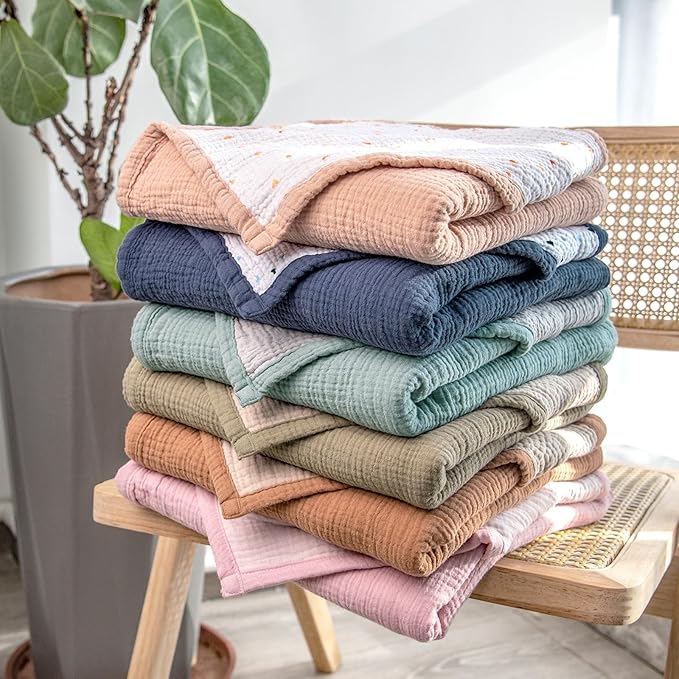 lulumoon Muslin Baby Blanket - Cotton Quilt Blankets for Toddlers - Reversible Nursery Crib Blanket for Baby Boys and Girls 47"x47"(Peach Pink)