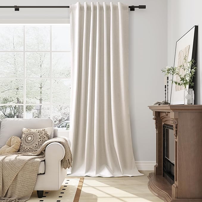 Guken Cream Natural Linen 100% Blackout Curtains 102 Inches Long 2 Panel Sets Room Darkening Thermal Insulated Curtain for Kids Room Bedroom Textured Farmhouse Back Tab Hook Belt Beige Drapes 52x102
