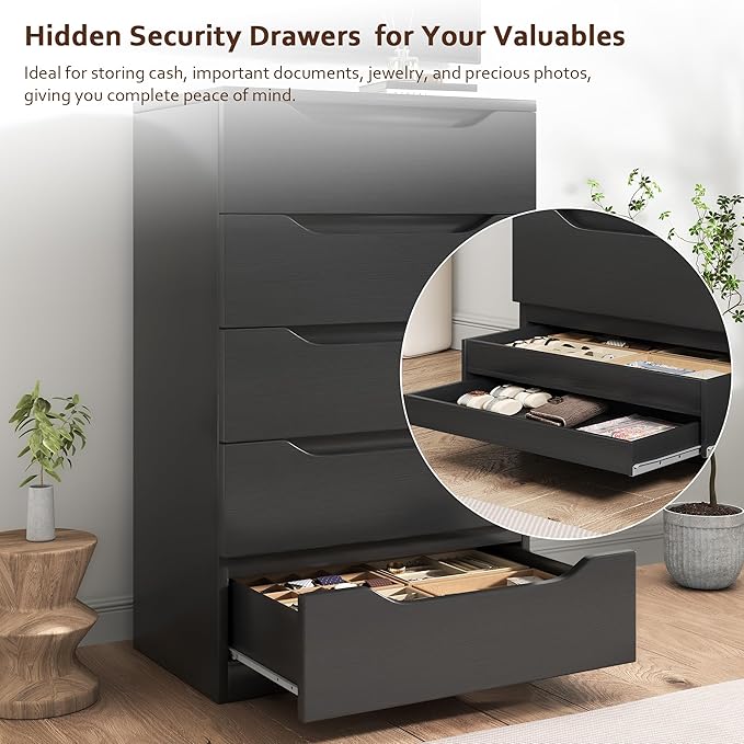 Black Tall 5 Drawer Dresser for Bedroom with Hidden Storage Design, Large Modern Closet Dressers & Chests of Drawers with Cut-Out Handles, 27.6" L*15.8" W*45.3" H for Bedroom, Living Room, Nursery