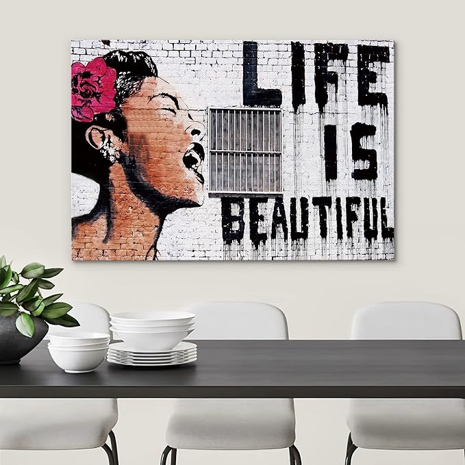 SIGNWIN Framed Canvas Wall Art Banksy Life is Beautiful Billie Holiday Graffiti & Street Art Famous People Pop Art Modern Urban Multicolor for Living Room, Bedroom, Office - 16x24 inches