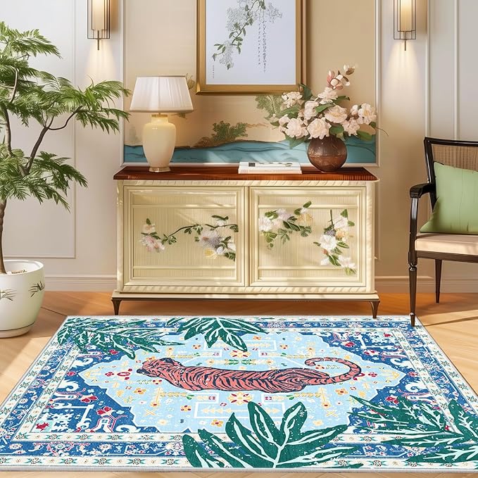Tiger Rug 3x5 Blue Washable Non-Slip Boho Vintage Jungle Rug Whimsical Animal Print Soft Cozy Tropical Woodland Carpet for Bedroom Laundry Room Kitchen Hallway Entryway