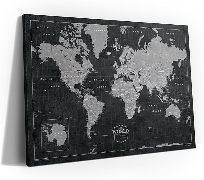 Conquest Maps World Travel Map with Pins Modern Slate Style Push Pin Travel Map Cork Board, Track Your Travels w/a Handmade Unique Canvas Pinable Map (36" x 24")