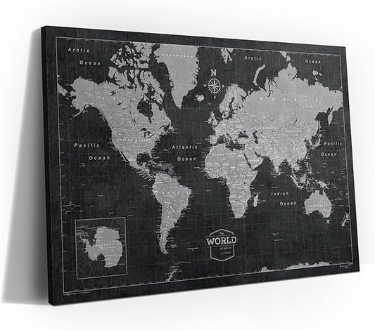 Conquest Maps World Travel Map with Pins Modern Slate Style Push Pin Travel Map Cork Board, Track Your Travels w/a Handmade Unique Canvas Pinable Map (36" x 24")