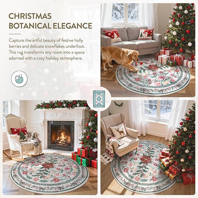 Wonnitar Round Christmas Rug Washable, Christmas Bedroom Decor 5ft Round Area Rug, Holiday Decor Under Xmas Tree Non Slip Floral Print Circle Carpets for Living Room Kitchen Dining Room