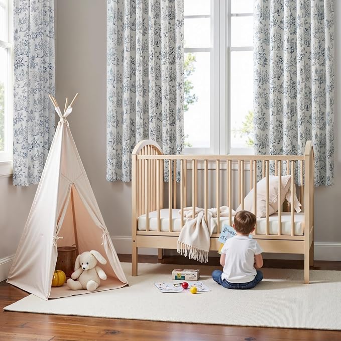jinchan 95% Blackout Nursery Curtains 63 Inches Long, Bunny Woodland Toile Curtains Blue on Beige Animal Printed Drapes for Bedroom Rod Pocket Thermal Insulated Farmhouse Window Treatment 2 Panels