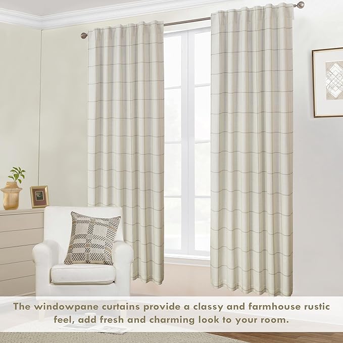DriftAway 2 Panels 100% Blackout Windowpane Plaid Linen Curtains Double Layer Drapes for Bedroom 72 Inches Long Farmhouse Thermal Insulated 3.25 Inch Rod Pocket Back Tab for Living Room Taupe